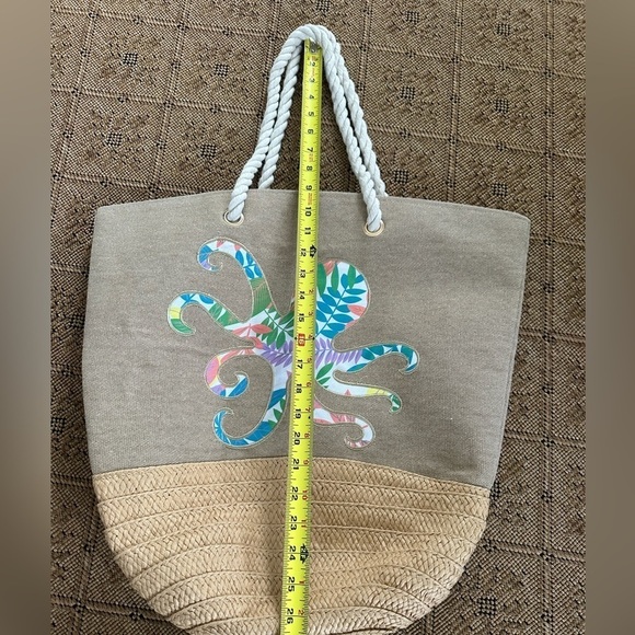Floral Octopus Embroidered on Tan Canvas, Rope Handled Beach Bag Tote - Picture 7 of 9